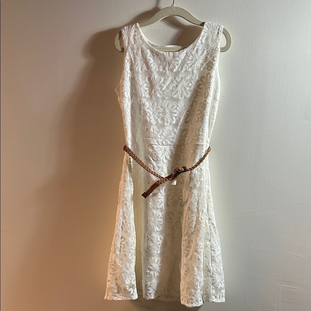 Place Cream Floral Lace Dress with Brown‎ Belt